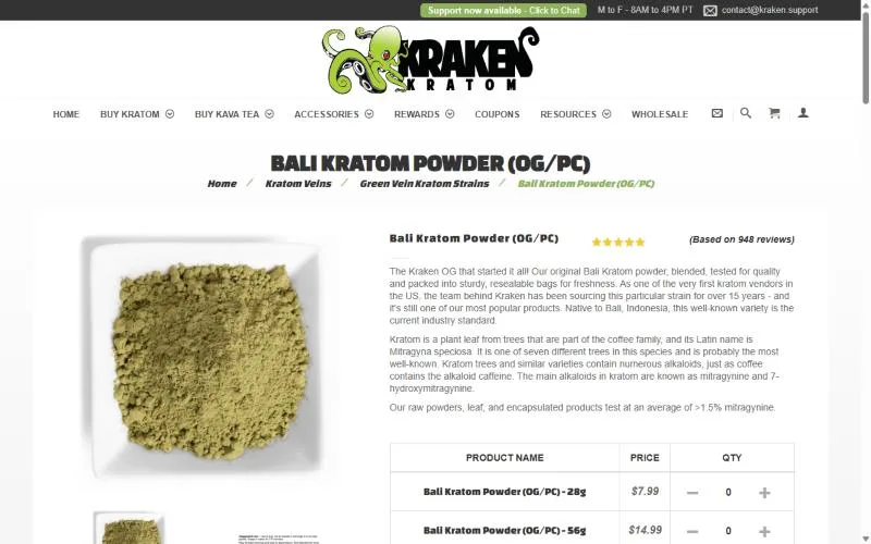 Screenshot: Kraken Kratom Bali powder page