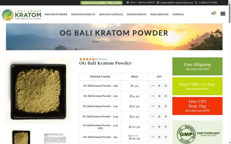 Screenshot: Left Coast Kratom OG Bali powder page